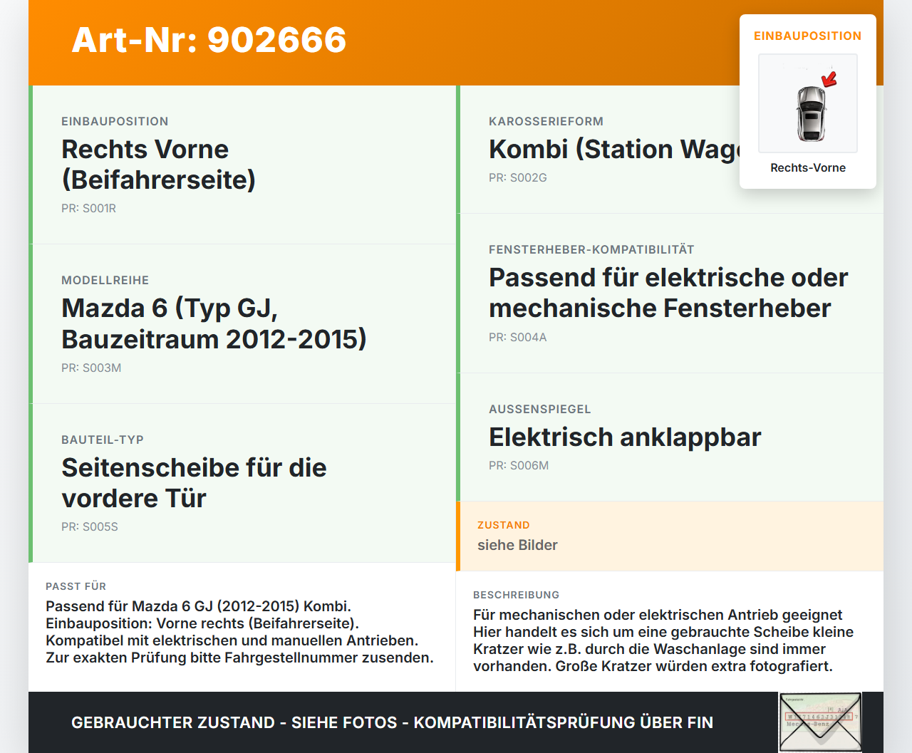 Mazda 6 GJ 12-15 Kombi RVK Seitenscheibe für Tür Türscheibe Rechts Vorne Mazda 6 GJ 12-15 02.05.2013 D0T747AS2 gebraucht Vorschau 3
