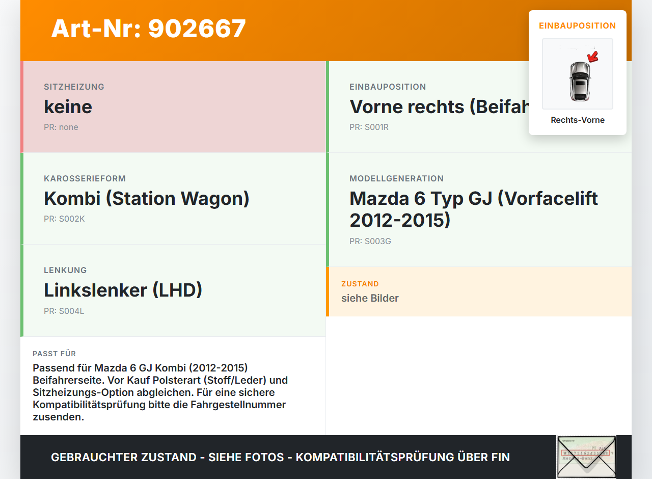 Mazda 6 GJ 12-15 Kombi Sitzbezug Sitzpolster für Beifahrersitz Rechts Vorne Mazda 6 GJ 12-15 02.05.2013 gebraucht Vorschau 3