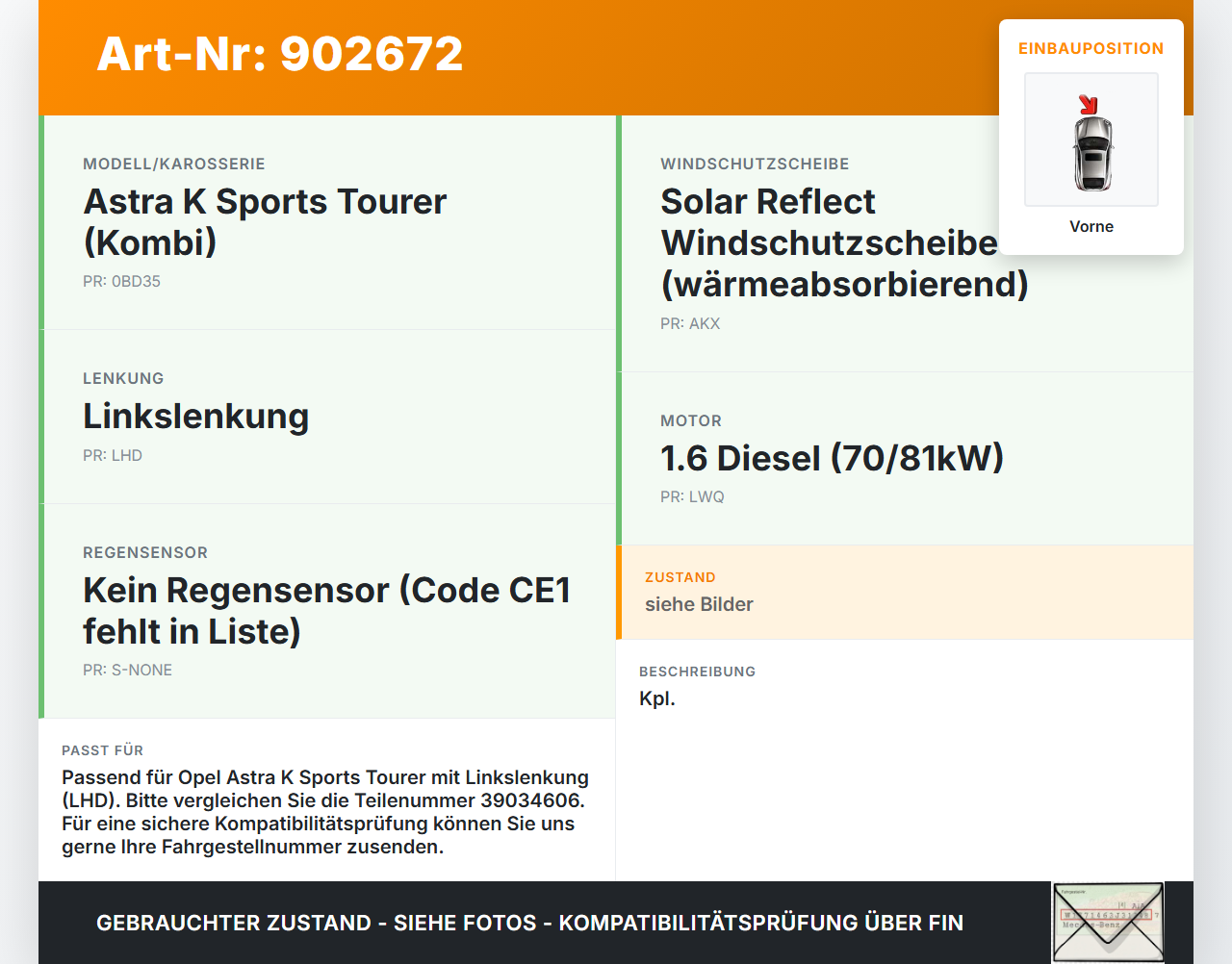 Opel Astra K 15-21 Wischermotor m. Wischergestänge Vorne Opel Astra K 15-21 19.02.2016 39034606 3397021778 gebraucht Vorschau 3