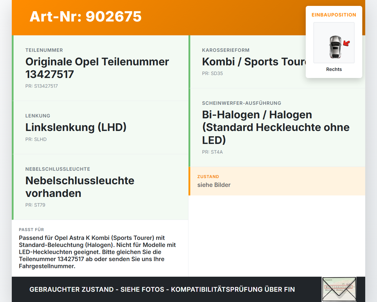 Opel Astra K 15-21 Kombi Rückleuchte Rücklicht Heckleuchte Rechts orig Opel Astra K 15-21 19.02.2016 13427517 gebraucht Vorschau 3