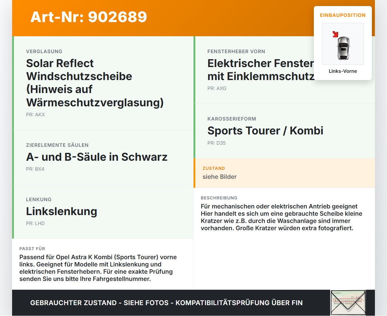 Opel Astra K 15-21 Kombi Seitenscheibe LVK Fenster Türscheibe Links Vorne Opel Astra K 15-21 19.02.2016 gebraucht Vorschau 3