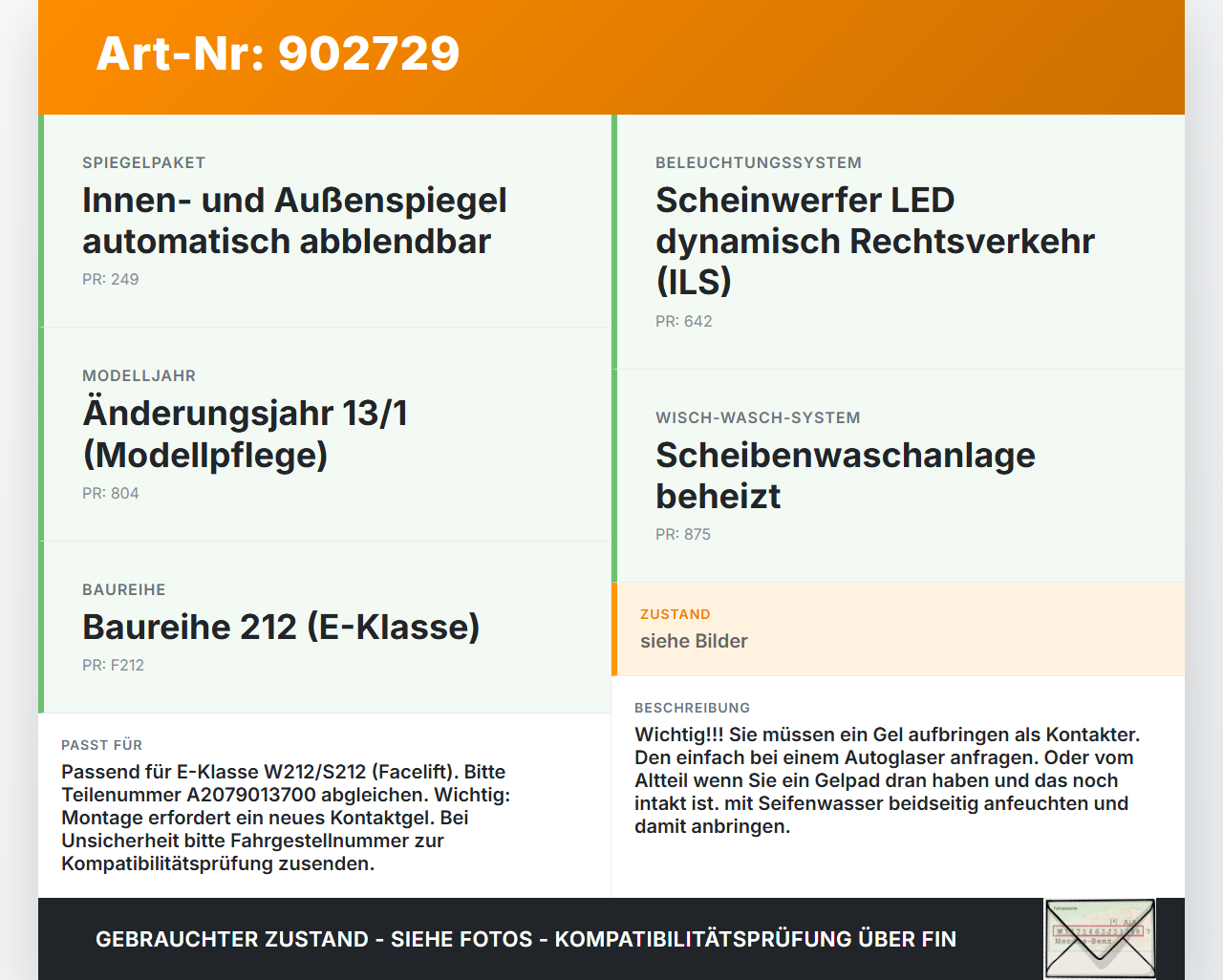 Mercedes S212 W212 E300h 13-16 Regensensor Mercedes S212 W212 E300h 13-16 10.06.2013 A2079013700 gebraucht Vorschau 3