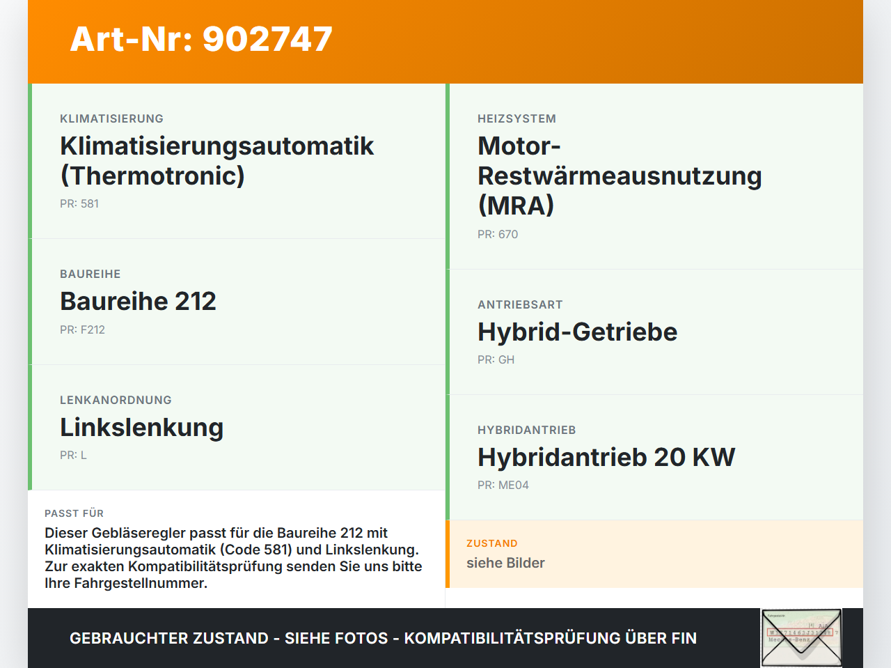Mercedes S212 W212 E300h 13-16 Widerstand Gebläse Lüfter Mercedes S212 W212 E300h 13-16 10.06.2013 A2128702110 gebraucht Vorschau 3