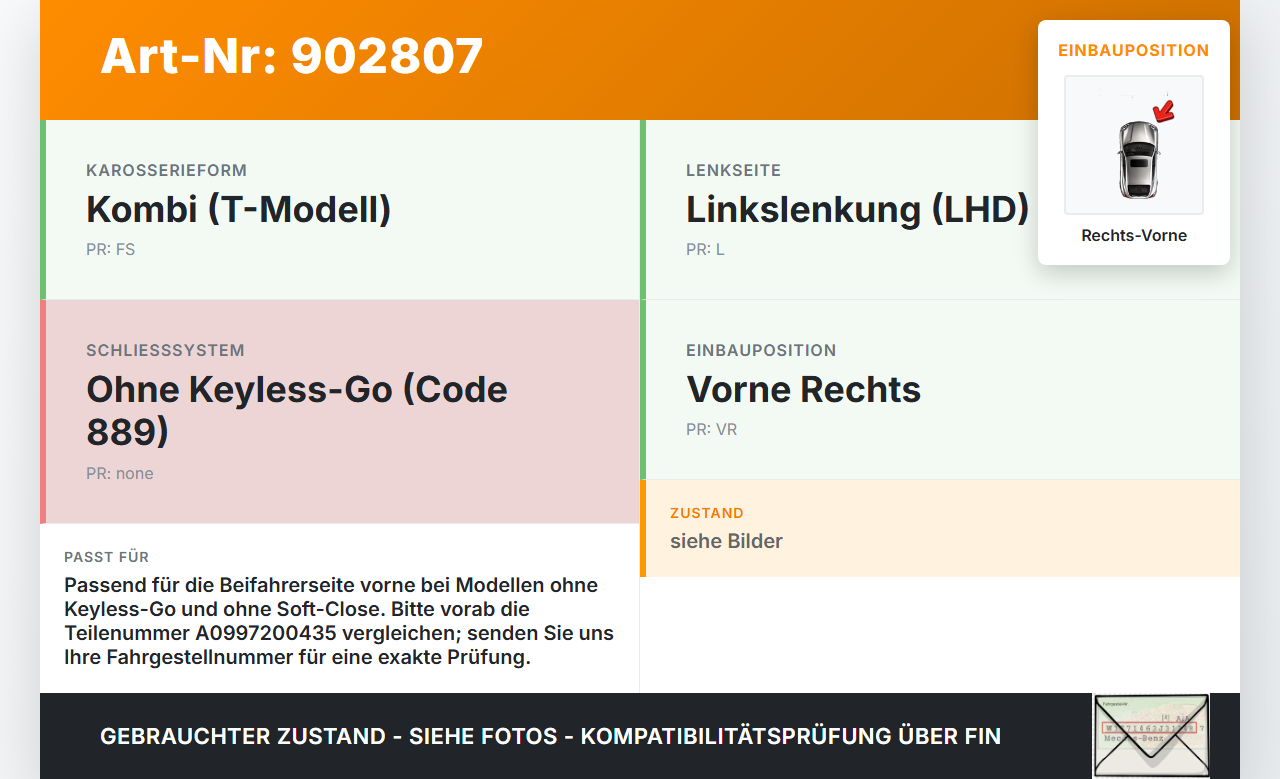 Mercedes S212 W212 E300h 13-16 Kombi Türschloss m. ZV Stellmotor Rechts Vorne Mercedes S212 W212 E300h 13-16... Vorschau 3