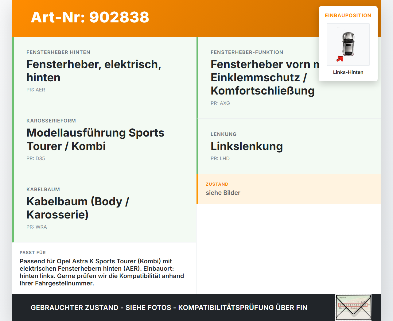 Opel Astra K 15-21 Kombi Fensterhebermotor mit Fensterheber Links Hinten Opel Astra K 15-21 19.02.2016 13406678... Vorschau 3