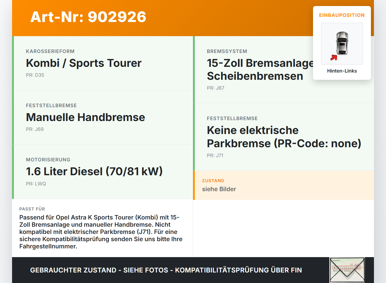 Opel Astra K 15-21 CDTi 1,6 70KW Bremssattel Bremszange Hinten Links Opel Astra K 15-21 19.02.2016 13507388 gebraucht Vorschau 3