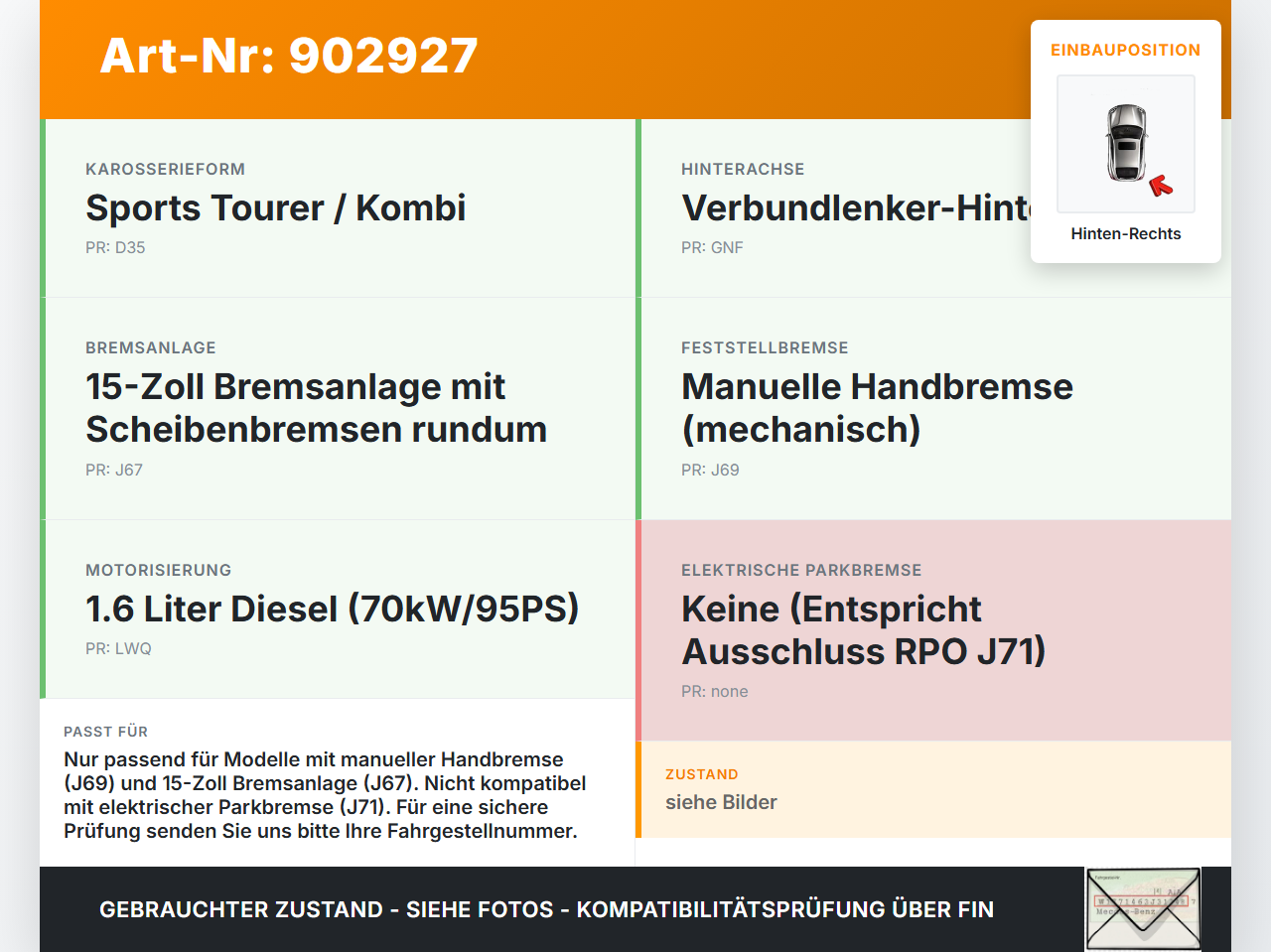 Opel Astra K 15-21 CDTi 1,6 70KW Bremssattel Bremszange Hinten Rechts Opel Astra K 15-21 19.02.2016 13507389 gebraucht Vorschau 3