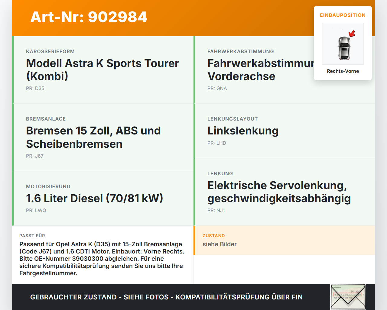 Opel Astra K 15-21 CDTi 1,6 70KW Achsschenkel Radnabe Rechts Vorne Opel Astra K 15-21 19.02.2016 39030300 gebraucht Vorschau 3