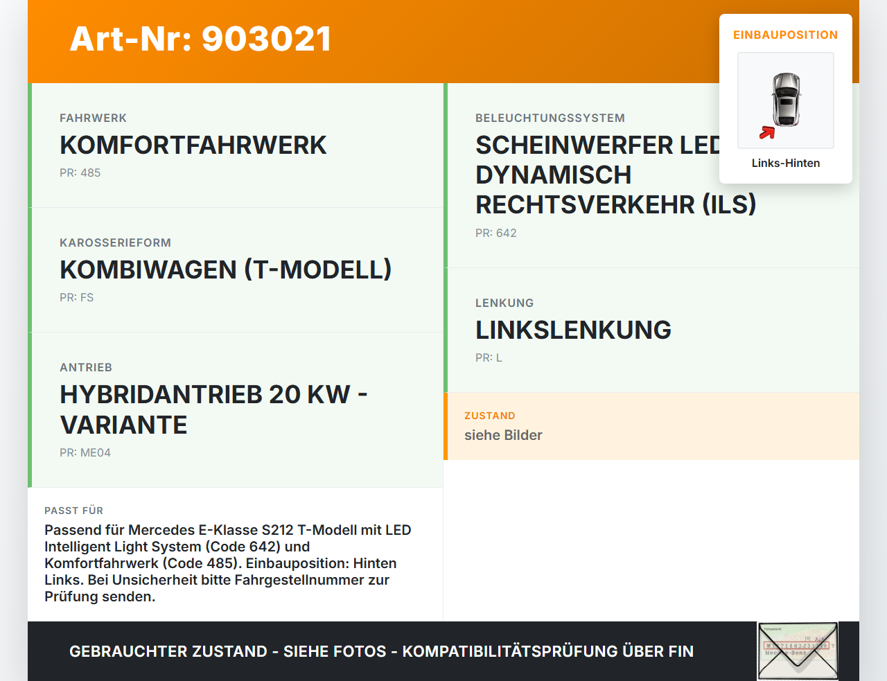 Mercedes S212 W212 E300h 13-16 Xenon LWR Sensor Neigung Links Hinten Höhenverstellung Mercedes S212 W212 E300h... Vorschau 3