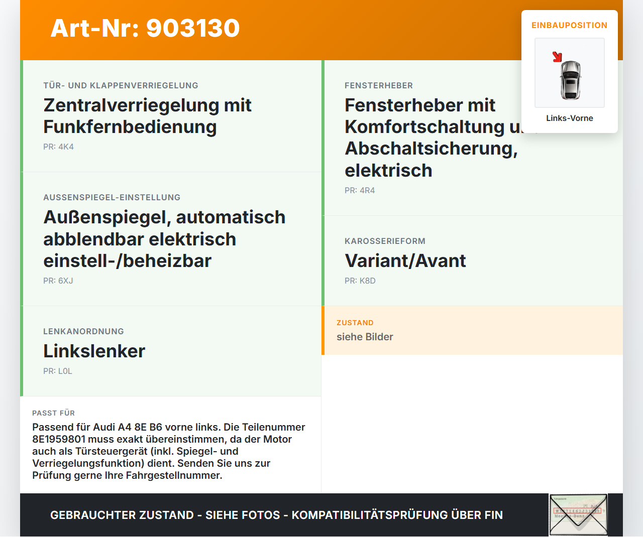 Audi A4 8E B6 00-04 Kombi Fensterhebermotor Links Vorne Audi A4 8E B6 00-04 07.06.2002 8E1959801G 8E1959801 gebraucht Vorschau 3