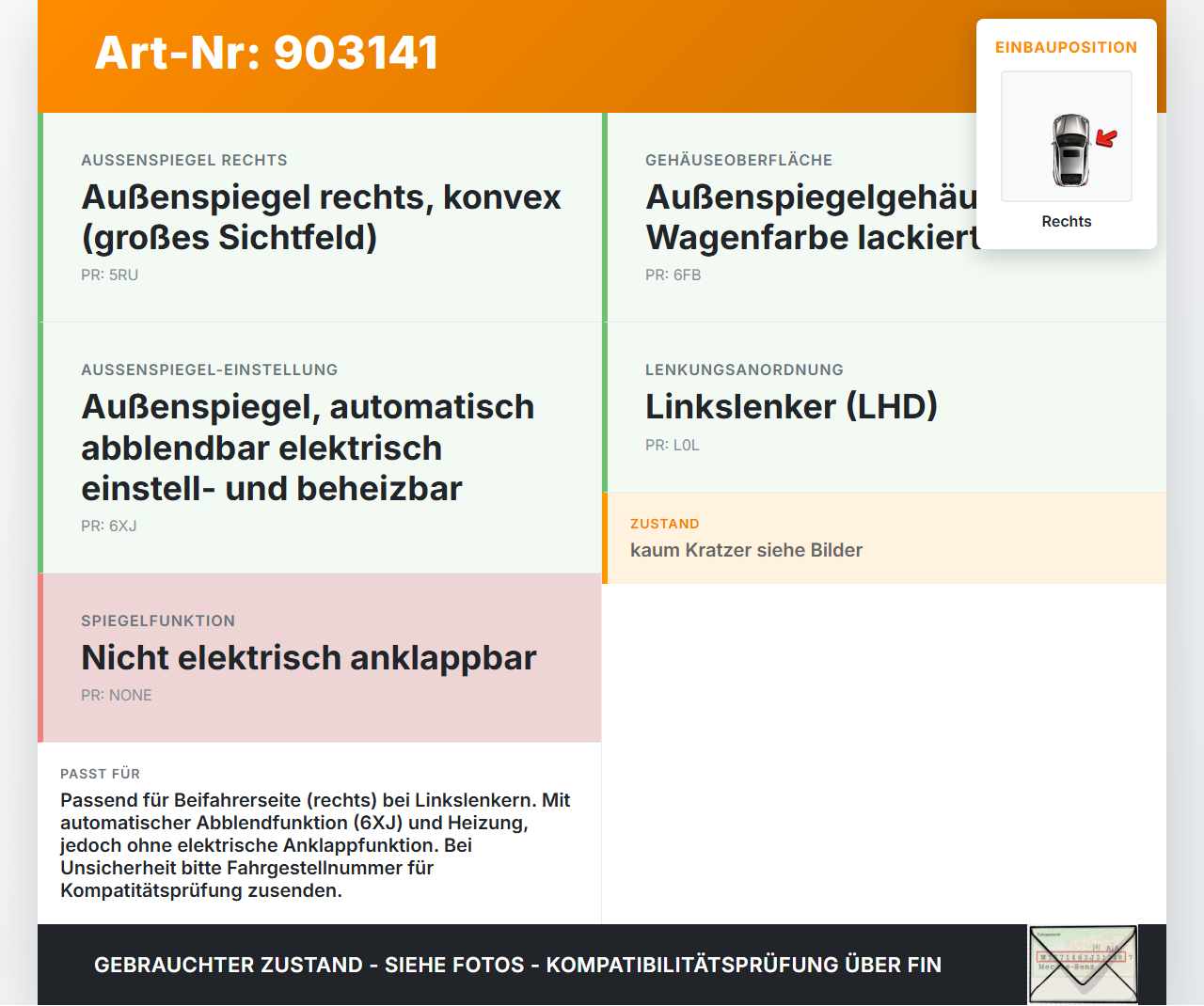 Audi A4 8E B6 00-04 Spiegel Aussenspiegel Rechts Elektrochrom LZ9W Audi A4 8E B6 00-04 07.06.2002 8E1858532AA... Vorschau 3