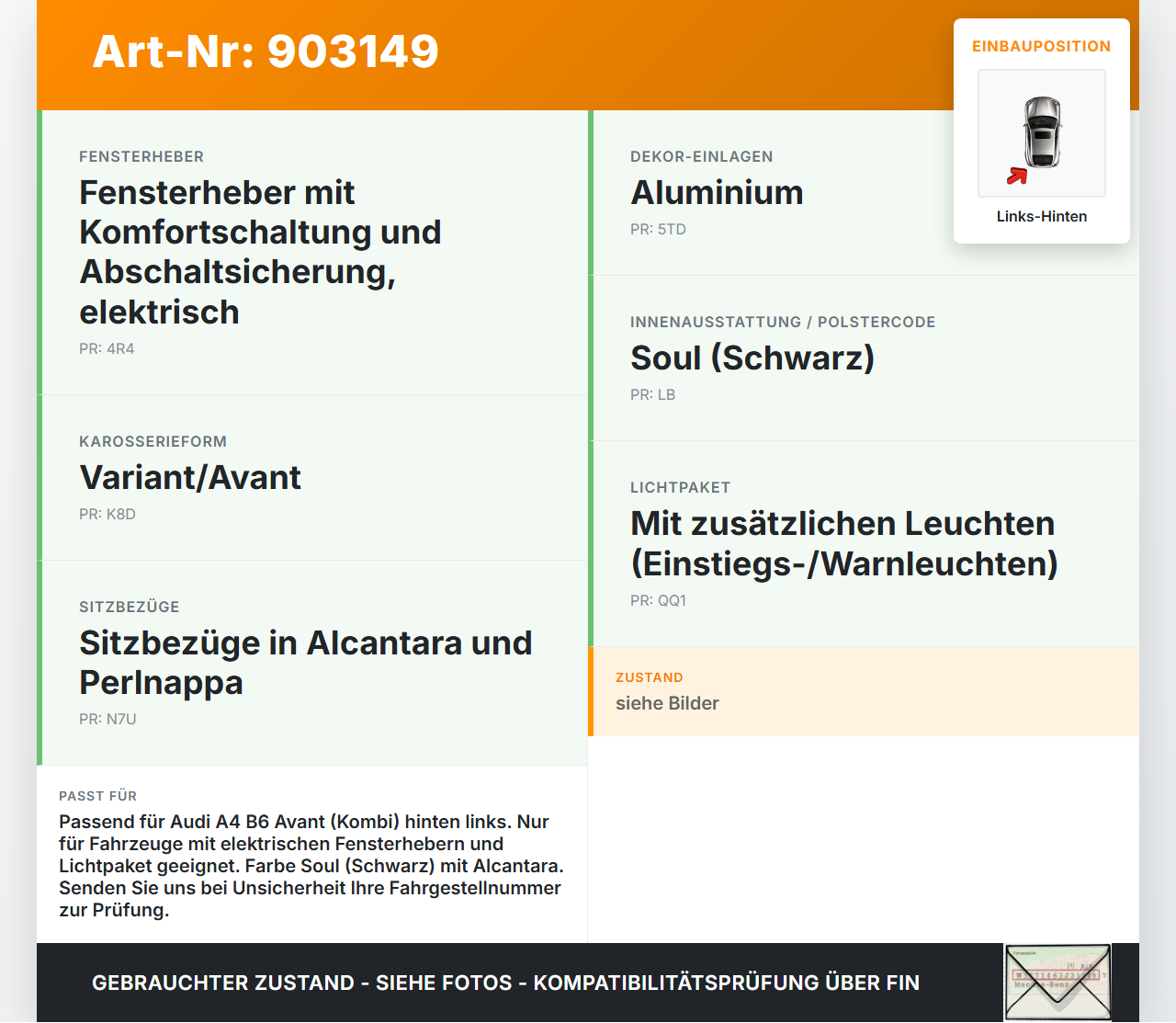 Audi A4 8E B6 00-04 Kombi Türverkleidung Türpappe Links Hinten Alcantara Audi A4 8E B6 00-04 07.06.2002 8E0867303K... Vorschau 3