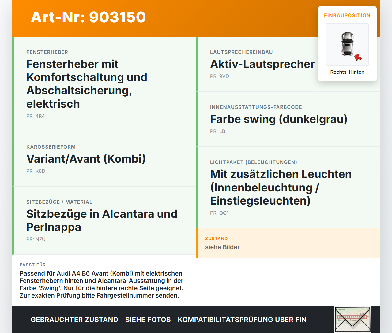 Audi A4 8E B6 00-04 Kombi Türverkleidung Türpappe Rechts Hinten Alcantara swing dunkelgrau Audi A4 8E B6 00-04... Vorschau 3