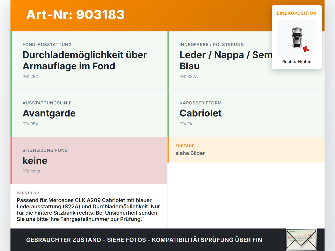 Mercedes A209 CLK200 05-09 Cabrio Sitzpolster Rechts für Rücksitzbank Hinten Mercedes A209 CLK200 05-09 05.05.2004... Vorschau 3