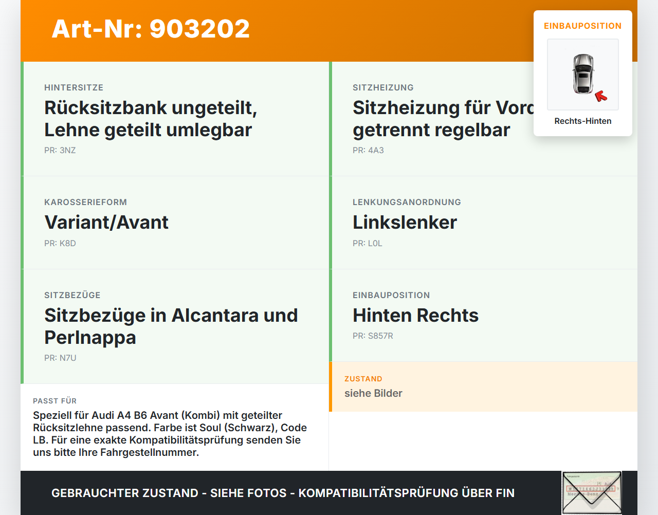 Audi A4 8E B6 00-04 Kombi Gurt Sicherheitsgurt Rechts Hinten Audi A4 8E B6 00-04 07.06.2002 8E5857805G gebraucht Vorschau 3