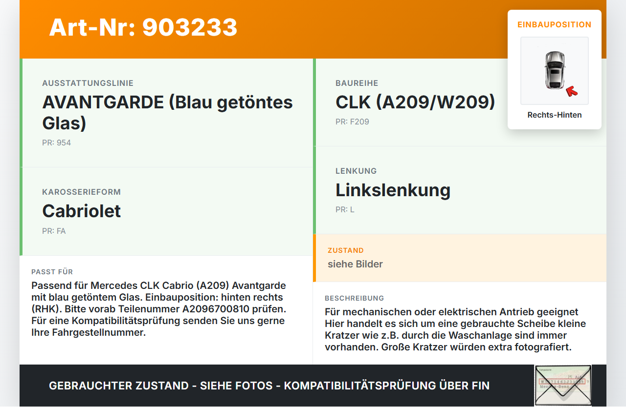 Mercedes A209 CLK200 05-09 Cabrio Seitenscheibe RHK Türscheibe Rechts Hinten Avantgarde Mercedes A209 CLK200 05-09... Vorschau 3