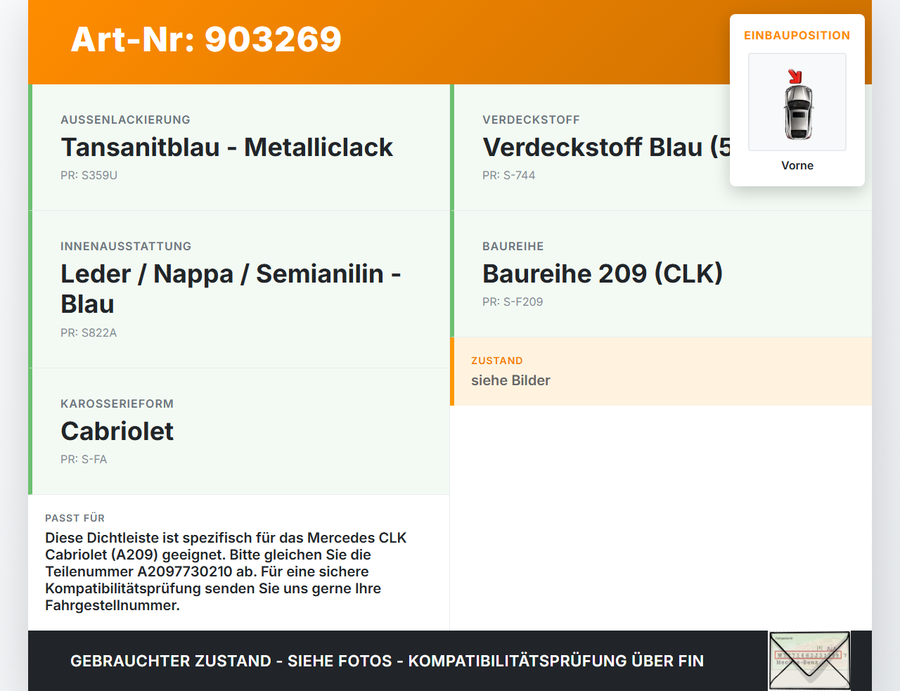 Mercedes A209 CLK200 05-09 Leiste Scheibendichtung für Mitte Vorne Mercedes A209 CLK200 05-09 05.05.2004 2097730210... Vorschau 3