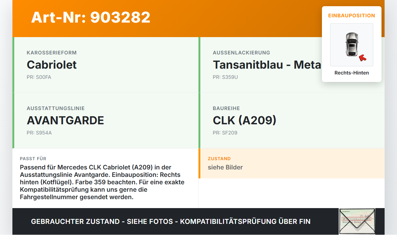 Mercedes A209 CLK200 05-09 Cabrio Leiste für Kotflügel Rechts Hinten 359 Mercedes A209 CLK200 05-09 05.05.2004... Vorschau 3