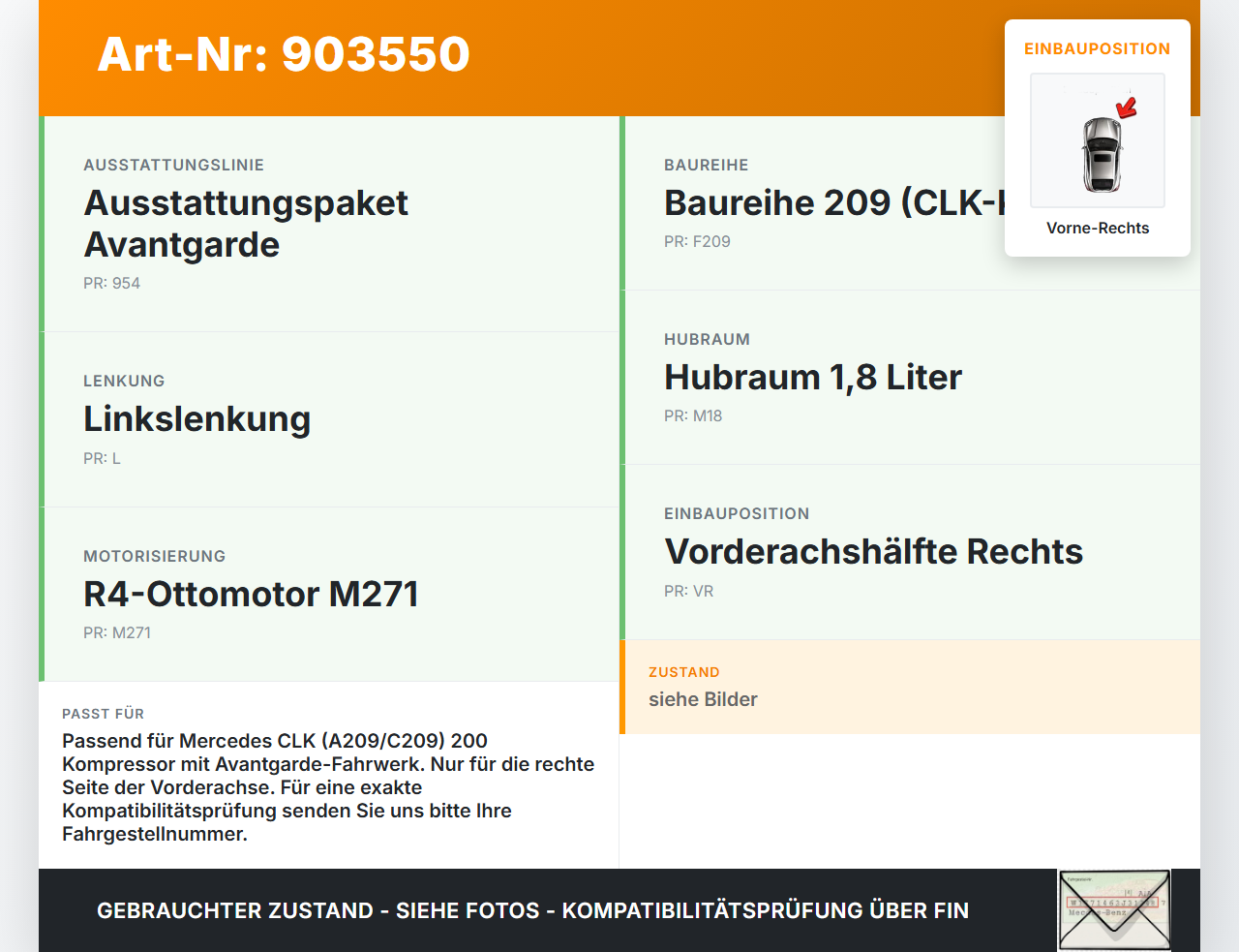 Mercedes A209 CLK200 05-09 1,8 120KW Bremssattel Bremszange Vorne Rechts Mercedes A209 CLK200 05-09 05.05.2004... Vorschau 3