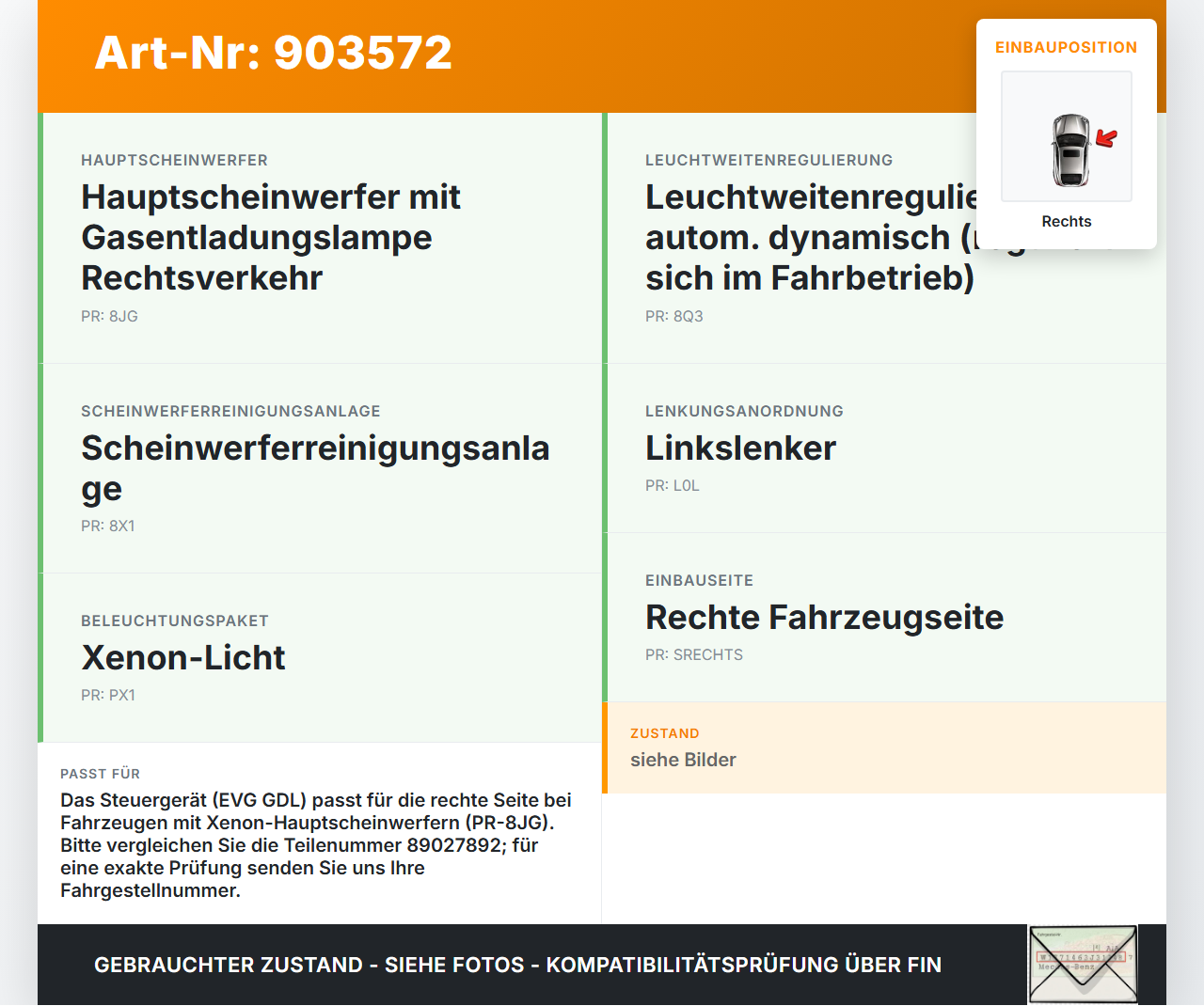 Audi A4 8E B6 00-04 Steuergerät Fernlicht Licht EVG GDL Rechts Audi A4 8E B6 00-04 07.06.2002 89027892 gebraucht Vorschau 3