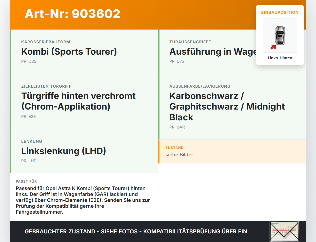Opel Astra K 15-21 Kombi Türgriff Griff aussen Links Hinten GAR Opel Astra K 15-21 19.02.2016 gebraucht Vorschau 3