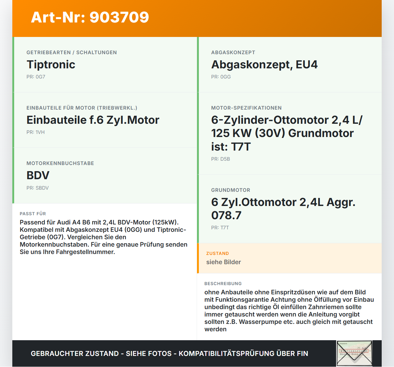 Audi A4 8E B6 00-04 2,4 125KW BDV Motor Triebwerk Audi A4 8E B6 00-04 07.06.2002 078100032SX gebraucht Vorschau 3
