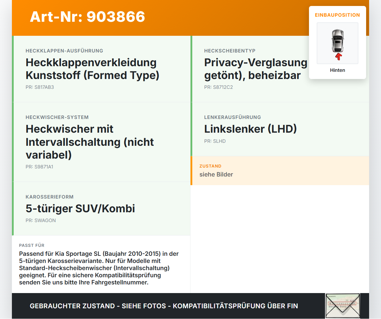 Kia Sportage SL 10-15 Heckwischer Scheibenwischer Hinten Wischarm Kia Sportage SL 10-15 03.03.2010 988111H000 gebraucht Vorschau 3