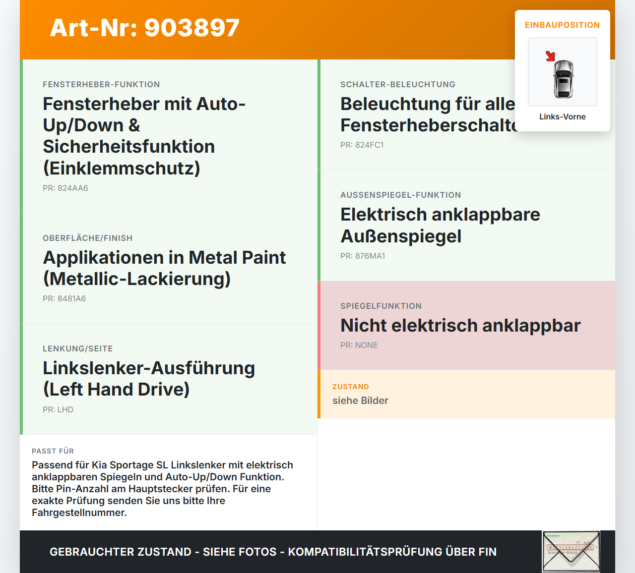 Kia Sportage SL 10-15 Fensterheberschalter Schalter Links Vorne Spiegelverstellung Kia Sportage SL 10-15 03.03.2010... Vorschau 3