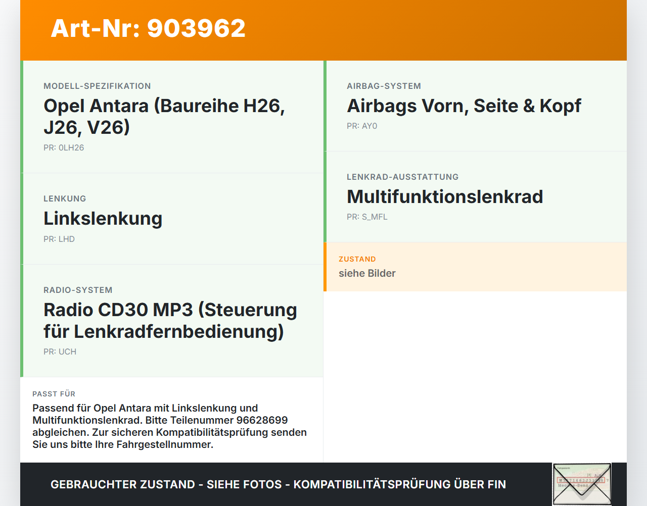 Opel Antara 07-11 Airbag Schleifring Wickelfeder Opel Antara 07-11 28.03.2008 96628699 gebraucht Vorschau 3