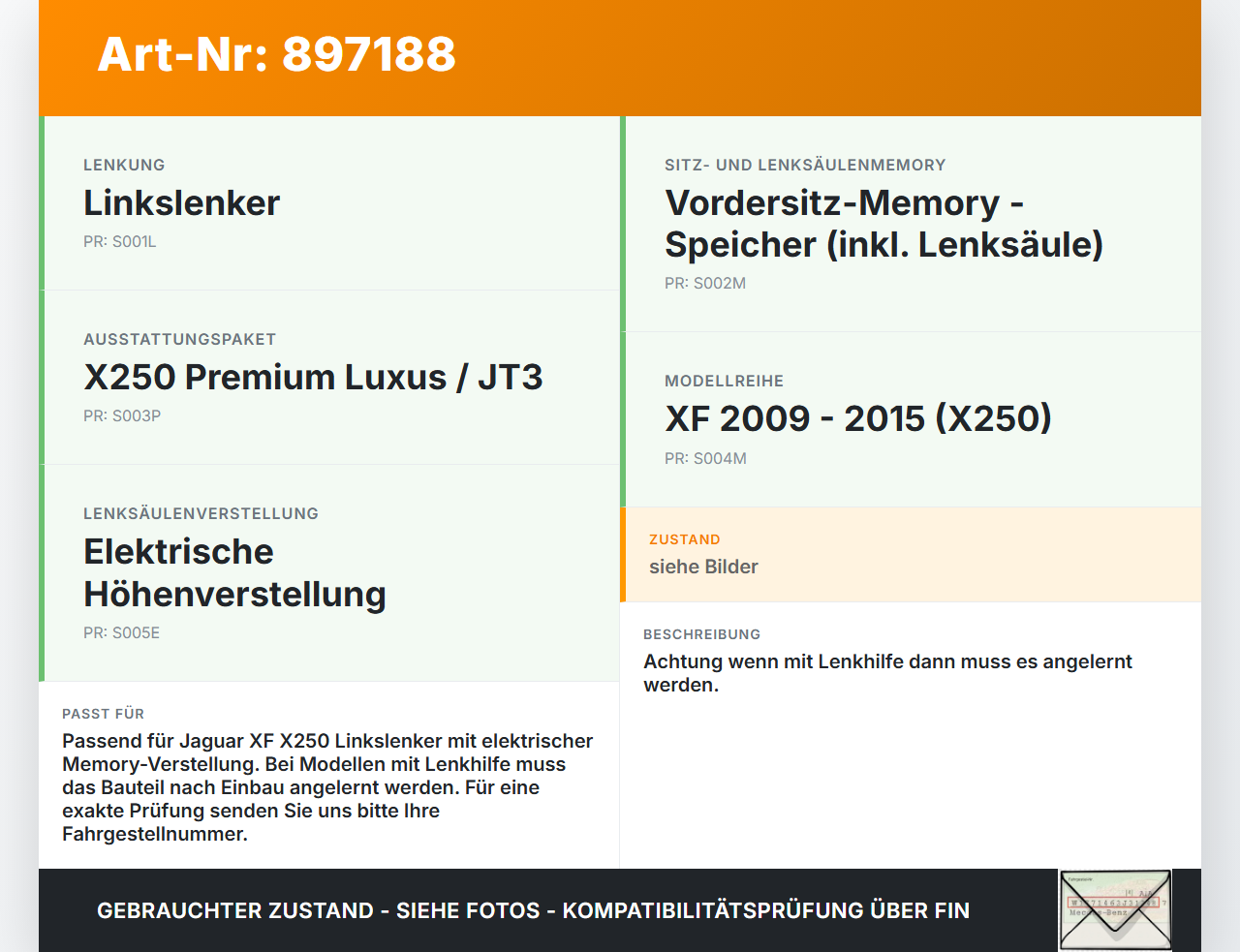 Jaguar XF X250 11-15 Höhenverstellung für Lenksäule Jaguar XF X250 11-15 24.05.2013 XR829830 2W93-3C529-AP gebraucht Vorschau 3