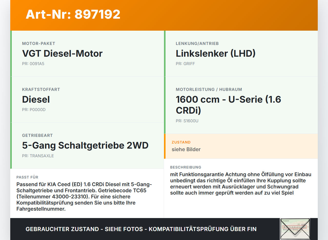 KIA Ceed ED 06-09 CRDI 1,6 66KW TC65 Schaltgetriebe Getriebe KIA Ceed ED 06-09 23.03.2007 43000-23310 gebraucht Vorschau 3