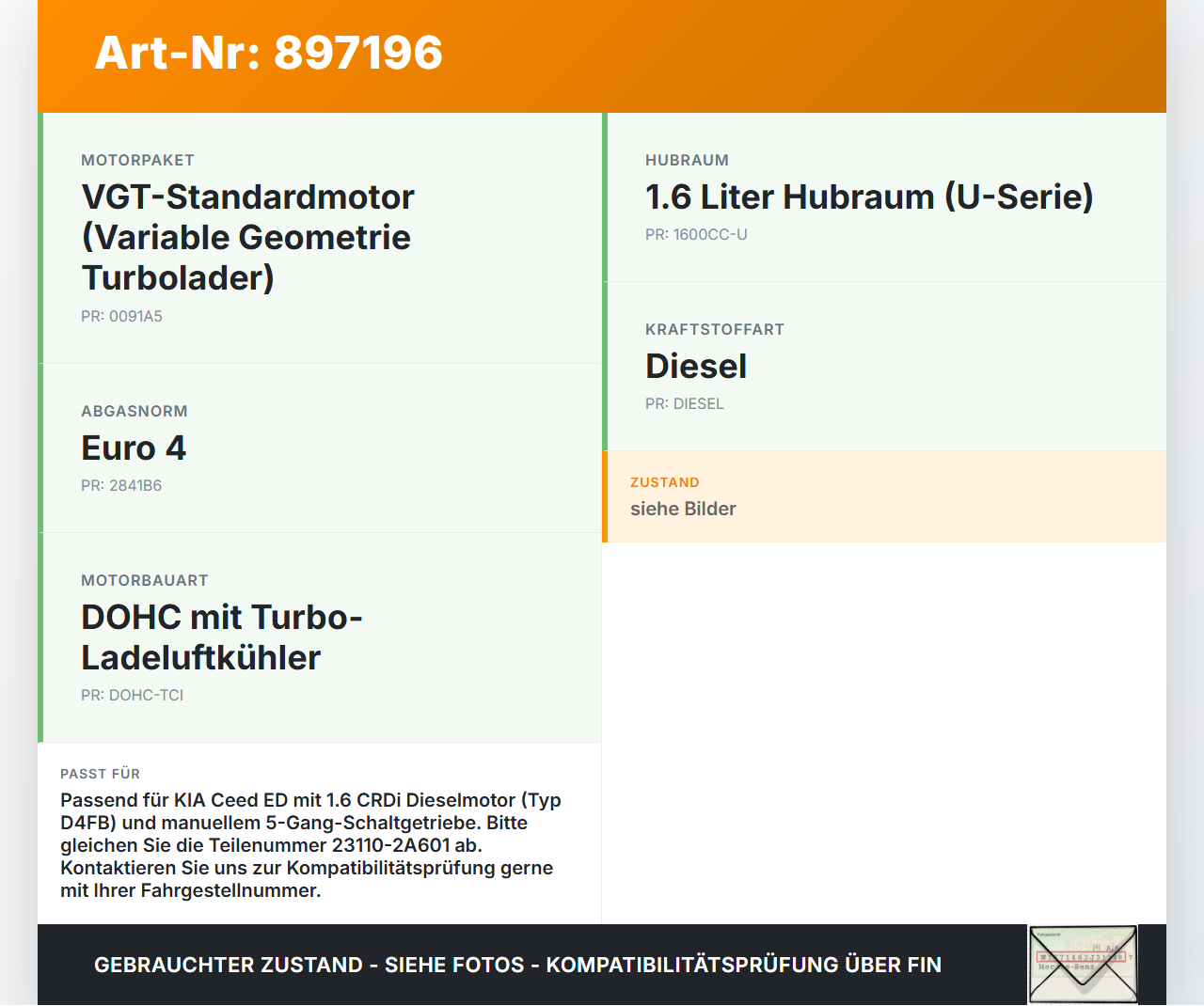 KIA Ceed ED 06-09 CRDI 1,6 66KW D4FB R74D Kurbelwelle KIA Ceed ED 06-09 23.03.2007 23110-2A601 gebraucht Vorschau 3