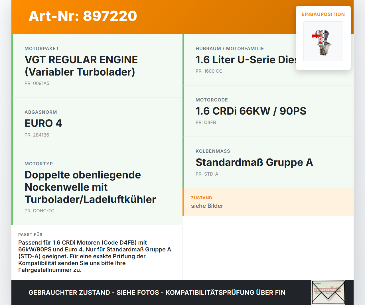 KIA Ceed ED 06-09 CRDI 1,6 66KW D4FB R74D Kolben mit Pleuel Pos C KIA Ceed ED 06-09 23.03.2007 23410-2A961 gebraucht Vorschau 3