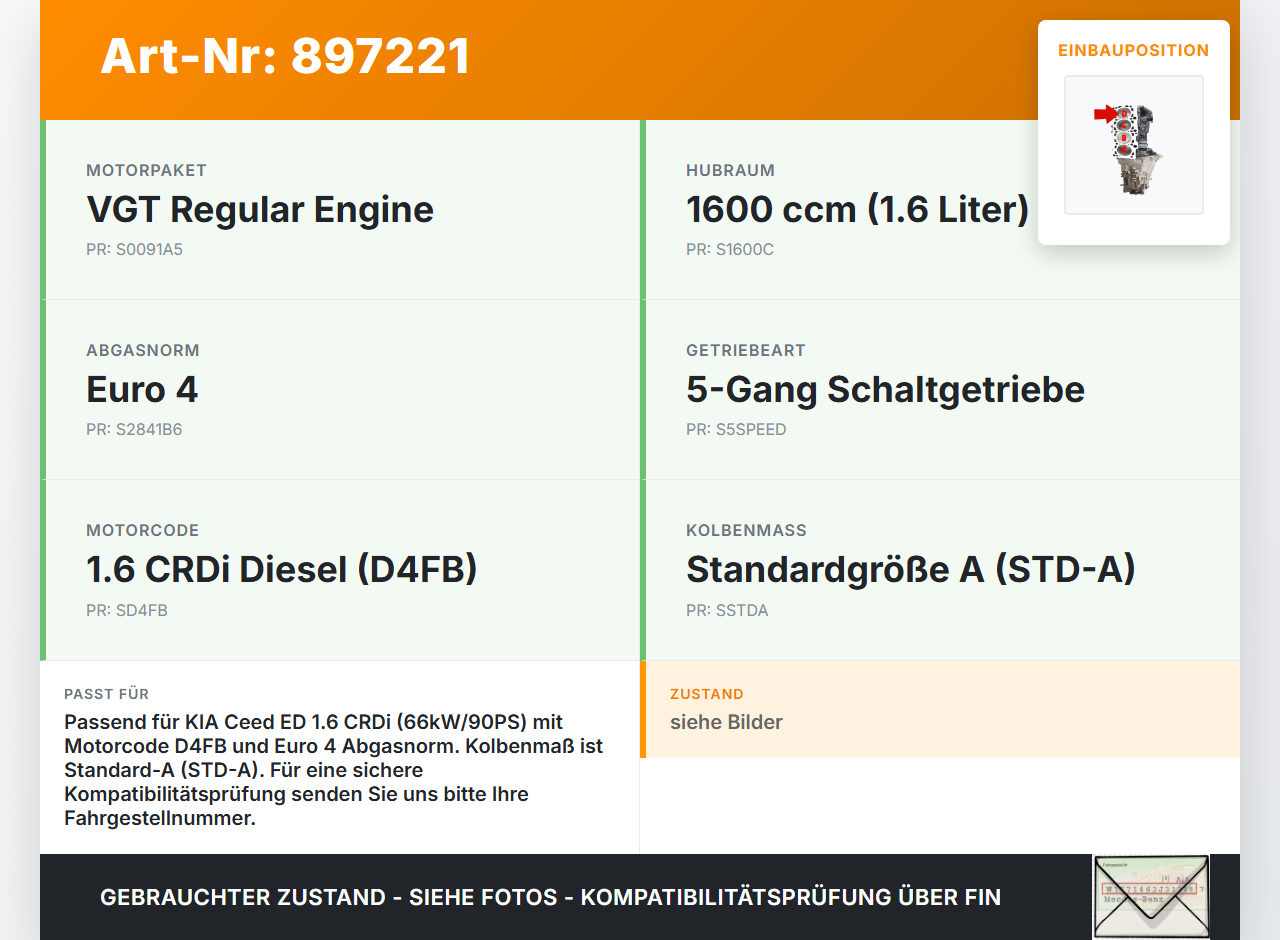 KIA Ceed ED 06-09 CRDI 1,6 66KW D4FB R74D Kolben mit Pleuel Pos D KIA Ceed ED 06-09 23.03.2007 23410-2A961 gebraucht Vorschau 3