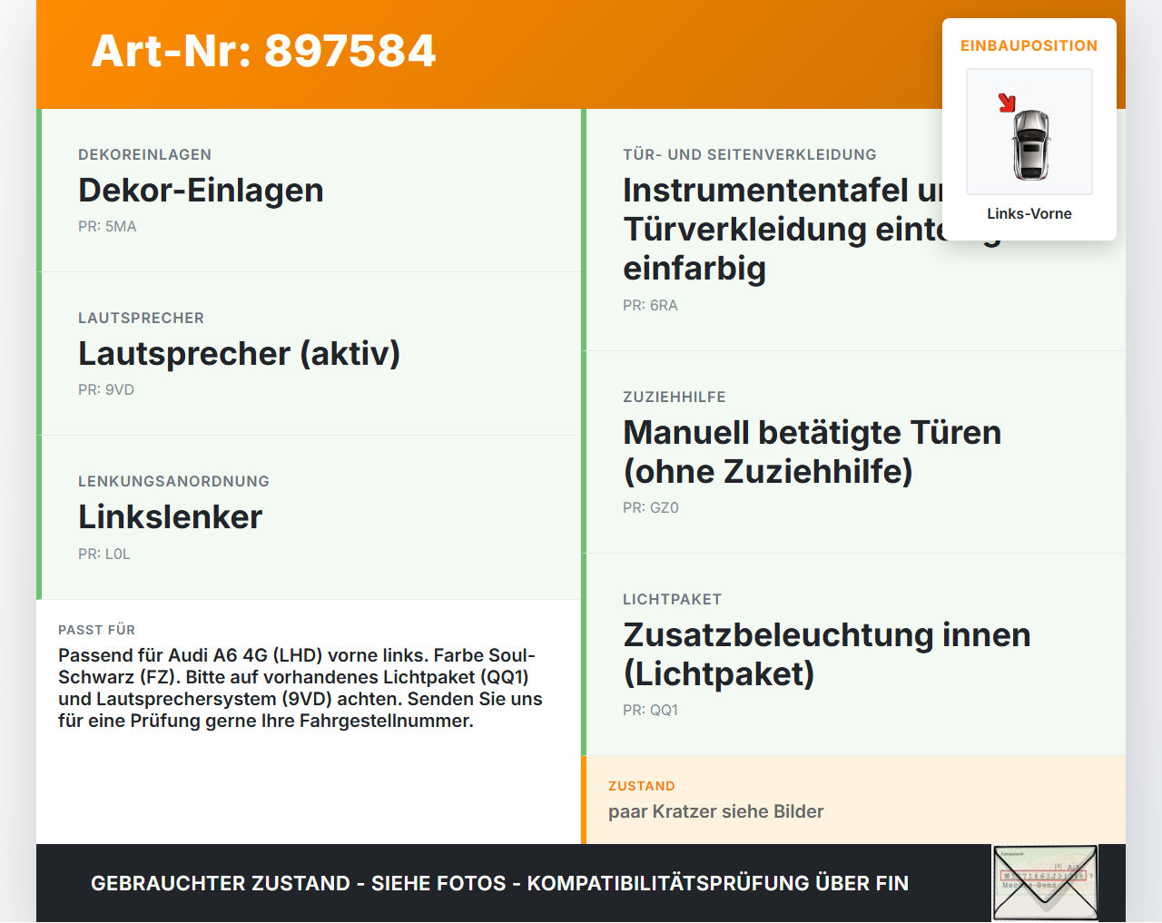 Audi A6 C7 4G 10-14 Lim Türverkleidung Türpappe Links Vorne Audi A6 C7 4G 10-14 25.10.2011 4G1867103B gebraucht Vorschau 3