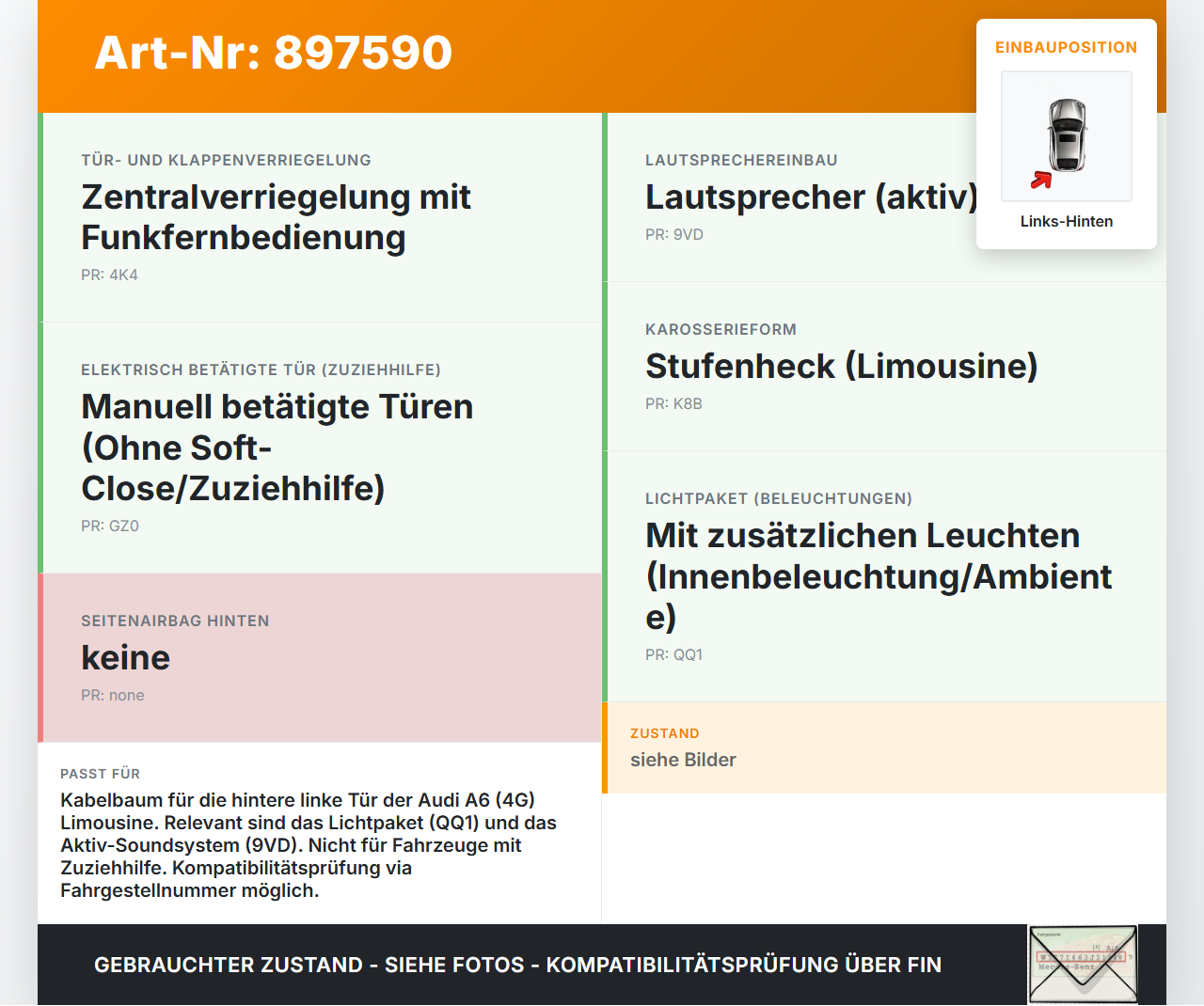 Audi A6 C7 4G 10-14 Lim Kabelbaum für Tür und Fensterheber Links Hinten Audi A6 C7 4G 10-14 25.10.2011 4G5971687AJ... Vorschau 3