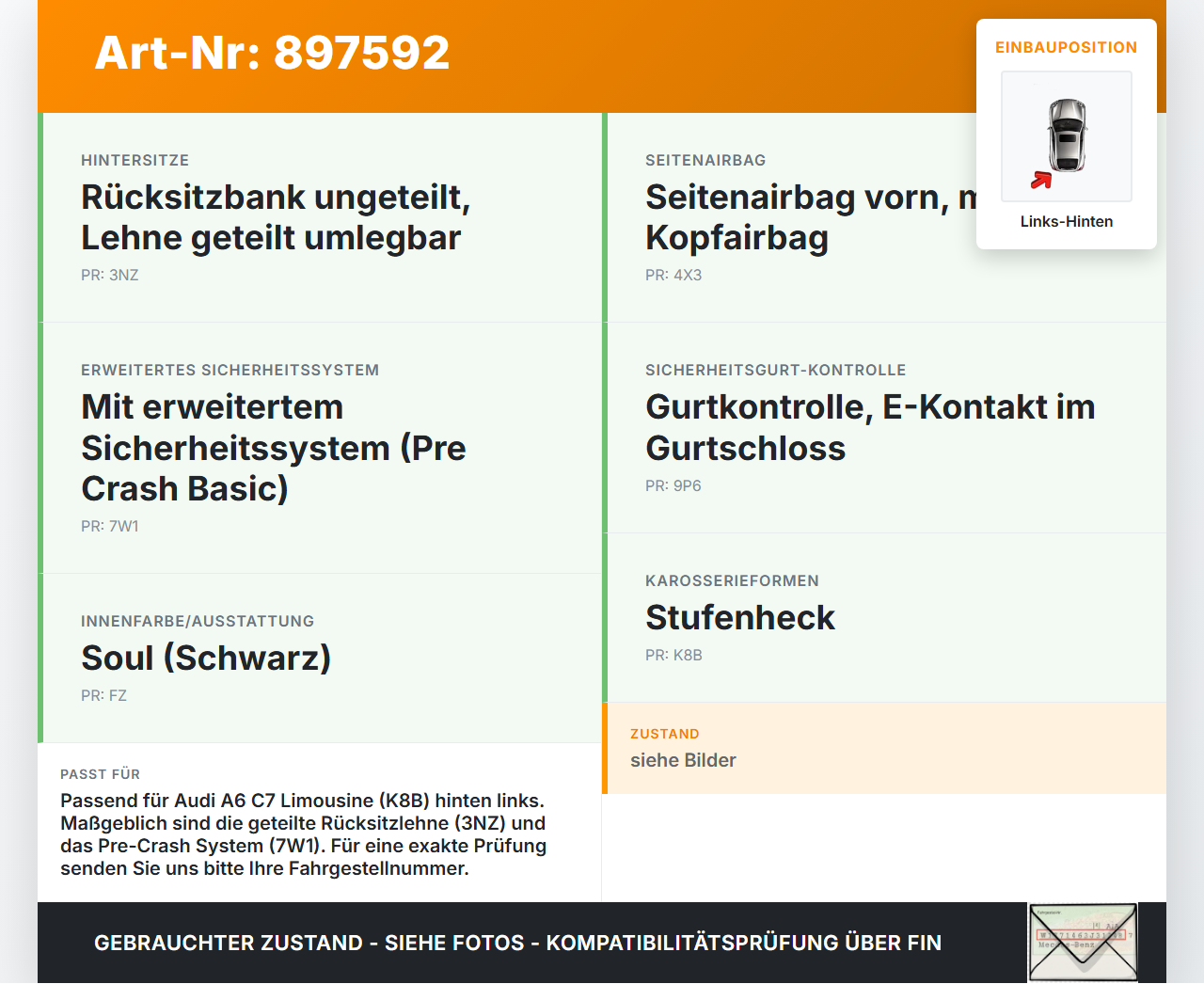 Audi A6 C7 4G 10-14 Lim Gurt Sicherheitsgurt Links Hinten Audi A6 C7 4G 10-14 25.10.2011 4G8857805D 4G8857805BV04... Vorschau 3