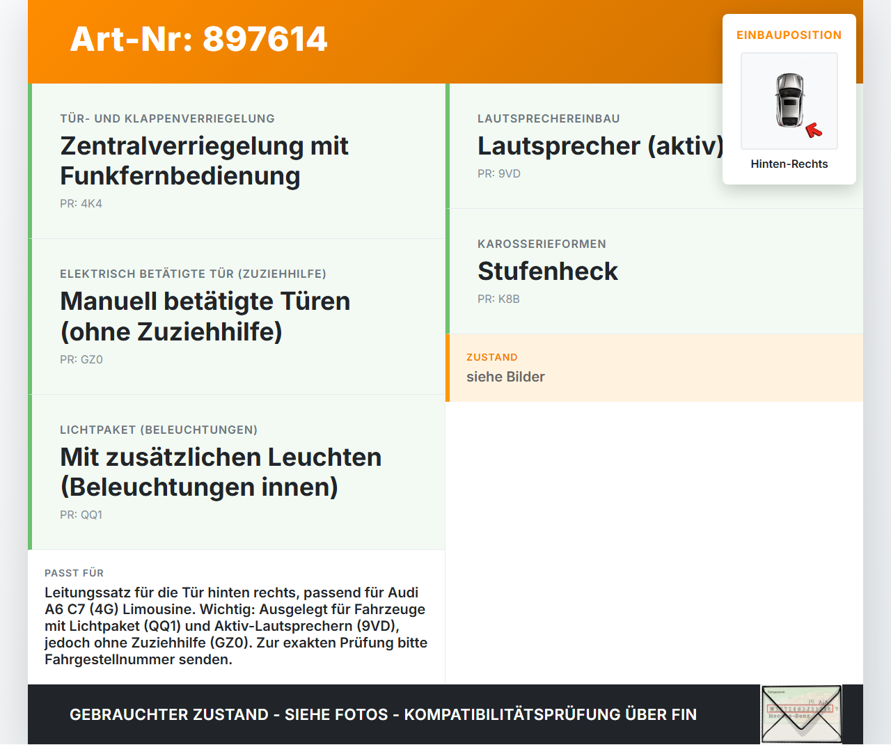 Audi A6 C7 4G 10-14 Lim Kabelbaum Leitungssatz für Tür und Fensterheber Hinten Rechts Audi A6 C7 4G 10-14... Vorschau 3