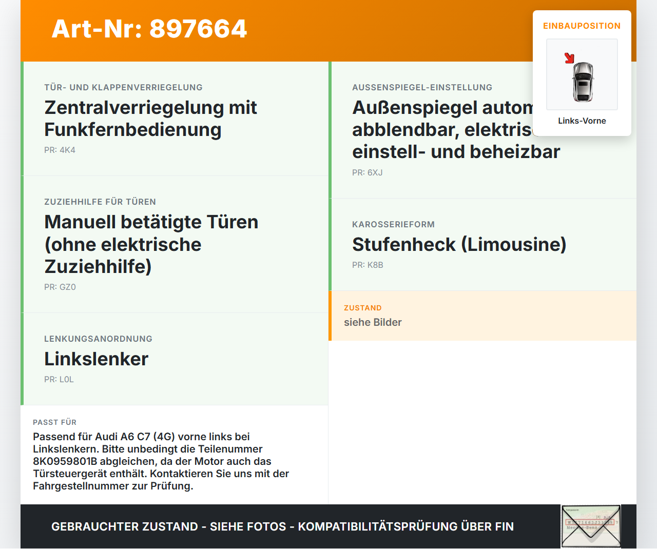 Audi A6 C7 4G 10-14 Lim Fensterhebermotor Links Vorne Audi A6 C7 4G 10-14 25.10.2011 911910-200 8K0959801B... Vorschau 3