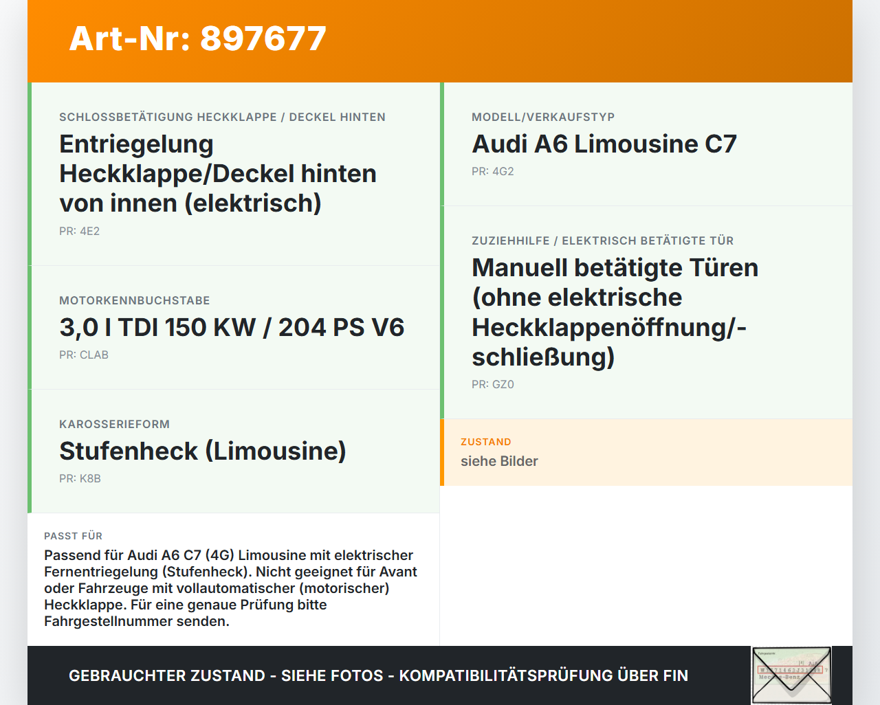 Audi A6 C7 4G 10-14 TDI 3,0 150KW Spannfedern für Heckklappe Audi A6 C7 4G 10-14 25.10.2011 4G5827665B gebraucht Vorschau 3