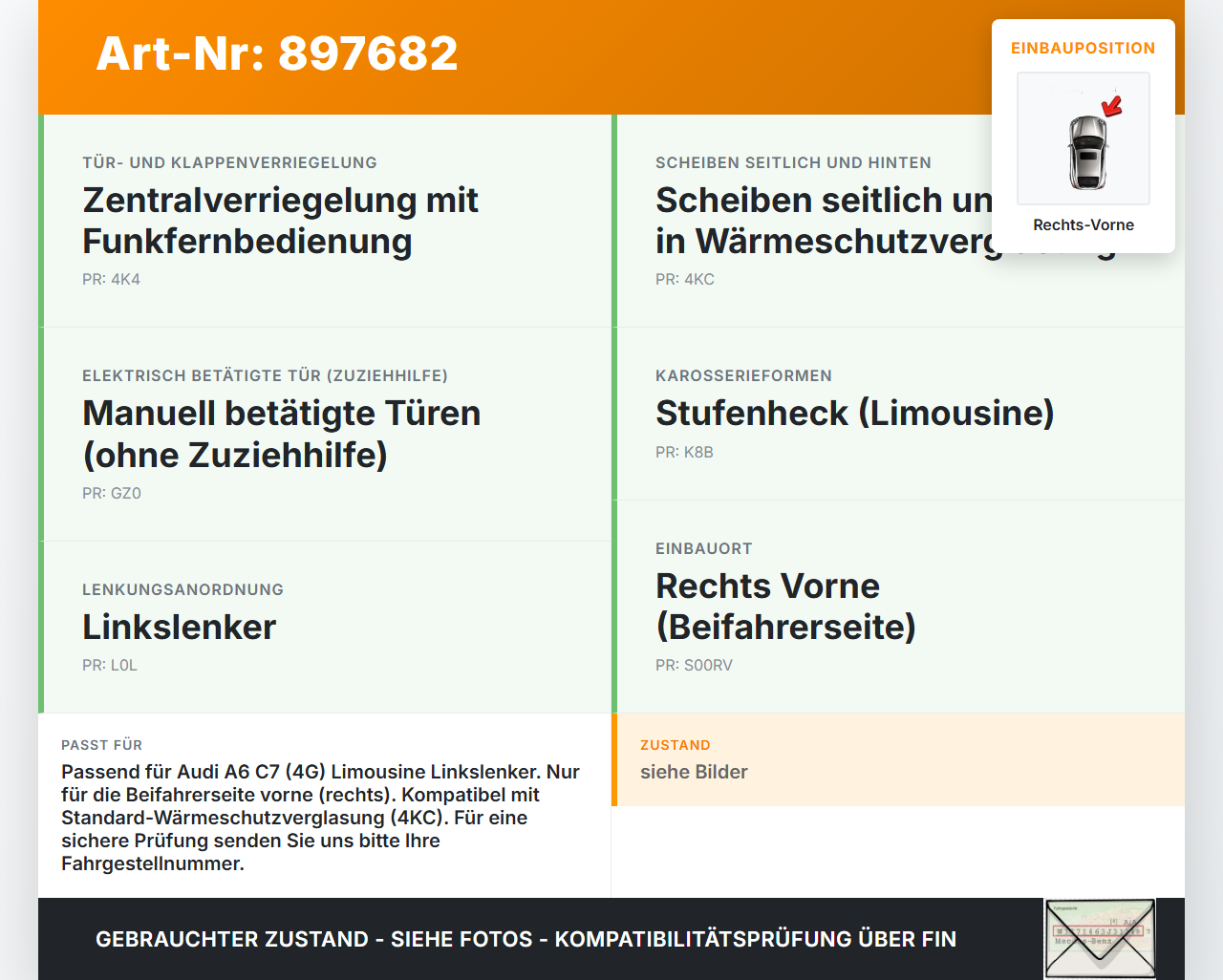 Audi A6 C7 4G 10-14 Lim Fensterheber o. FH-Motor Rechts Vorne Audi A6 C7 4G 10-14 25.10.2011 928250-103 4G0837462... Vorschau 3