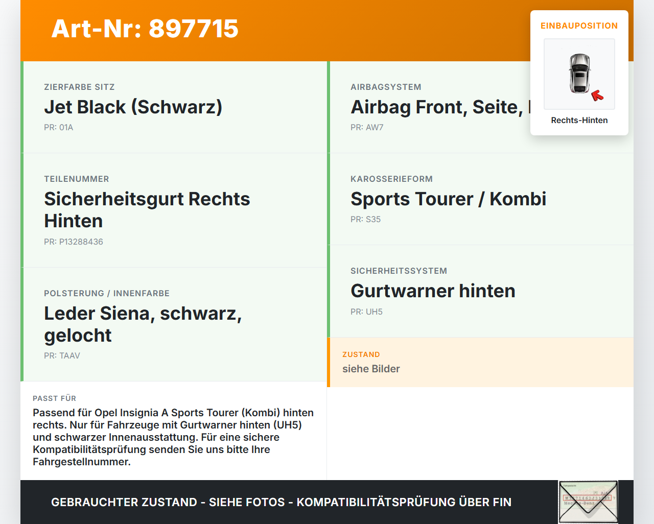 Opel Insignia A G09 08-13 Kombi Gurt Sicherheitsgurt Rechts Hinten Opel Insignia A G09 08-13 15.12.2010 13288436... Vorschau 3