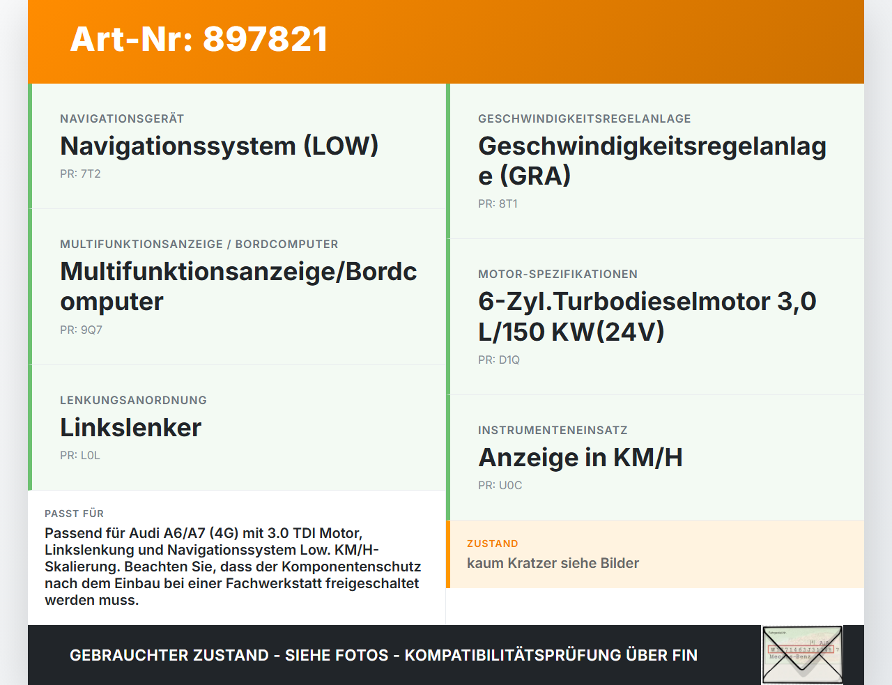 Audi A6 C7 4G 10-14 TDI 3,0 150KW Kombiinstrument Tacho Audi A6 C7 4G 10-14 25.10.2011 4G8920900F 0263678041... Vorschau 3