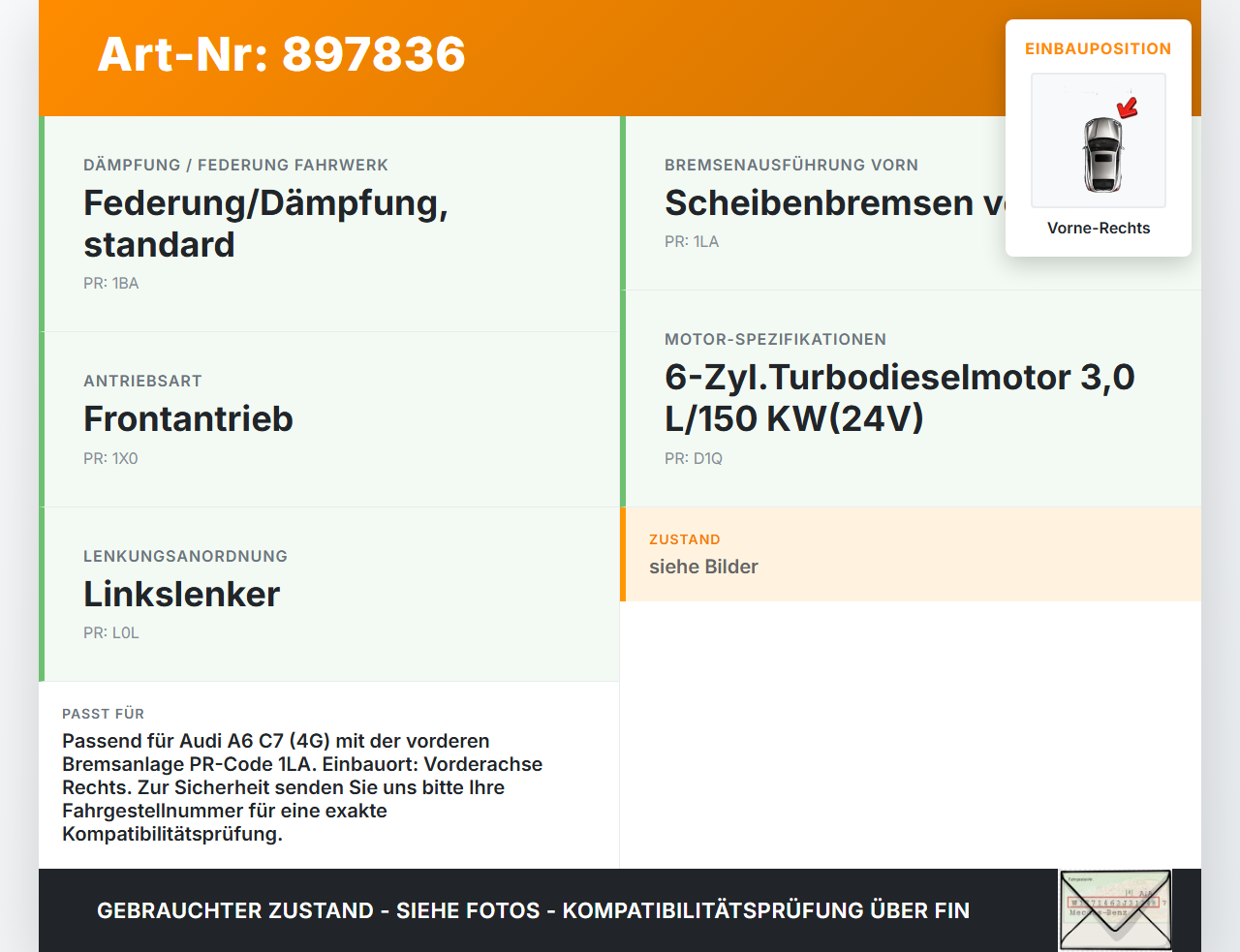 Audi A6 C7 4G 10-14 TDI 3,0 150KW Bremssattel Bremszange Vorne Rechts Audi A6 C7 4G 10-14 25.10.2011 4G0615124C... Vorschau 3