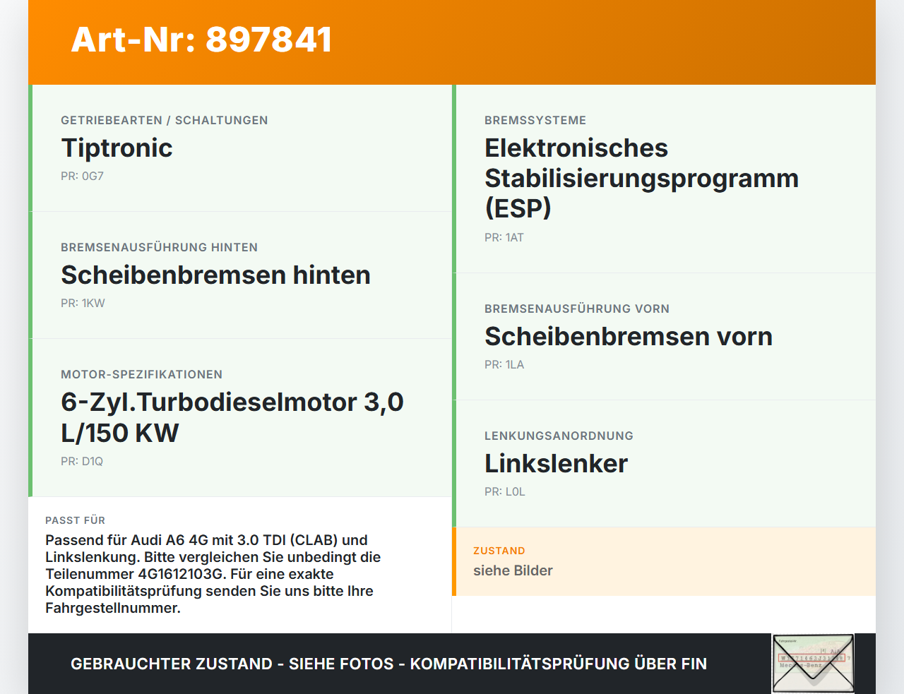 Audi A6 C7 4G 10-14 TDI 3,0 150KW Bremskraftverstärker Audi A6 C7 4G 10-14 25.10.2011 4G0612107 4G1612103G gebraucht Vorschau 3