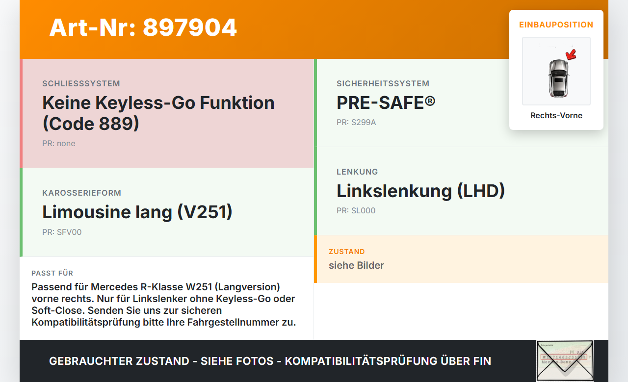 Mercedes R320 W251 06-10 Lang Türschloss m. ZV Stellmotor Rechts Vorne Mercedes R320 W251 06-10 17.02.2006... Vorschau 3