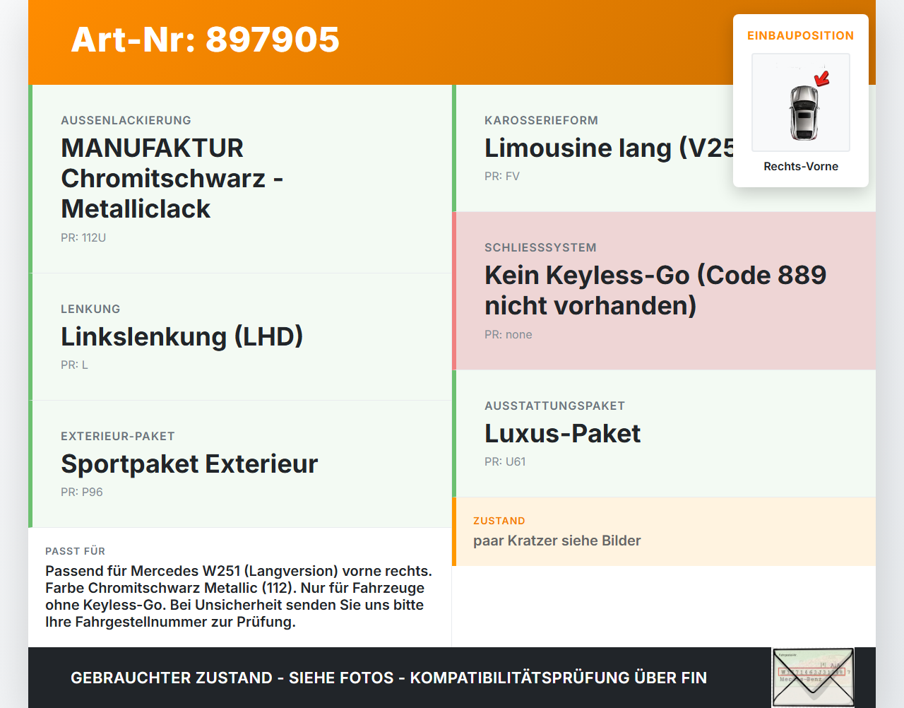 Mercedes R320 W251 06-10 Lang Türgriff Griff aussen Rechts Vorne 112 Mercedes R320 W251 06-10 17.02.2006... Vorschau 3