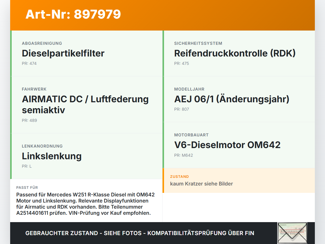 Mercedes R320 W251 06-10 CDI 3,0 165KW Kombiinstrument Tacho Mercedes R320 W251 06-10 17.02.2006 A2514401611... Vorschau 3