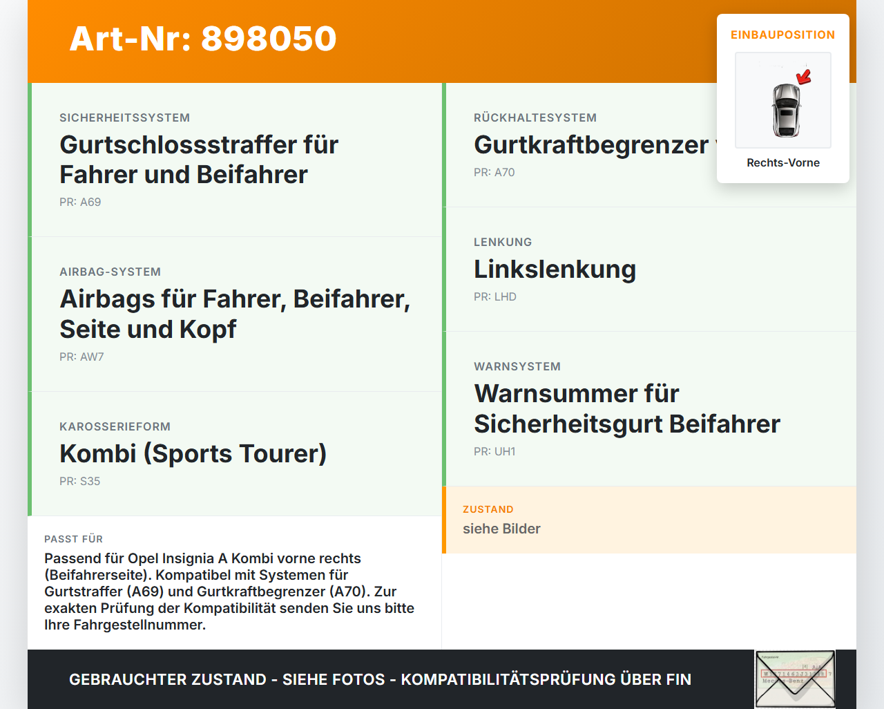 Opel Insignia A G09 08-13 Kombi Gurt Sicherheitsgurt Gurtstraffer für Beifahrer Rechts Vorne Opel Insignia A G09... Vorschau 3
