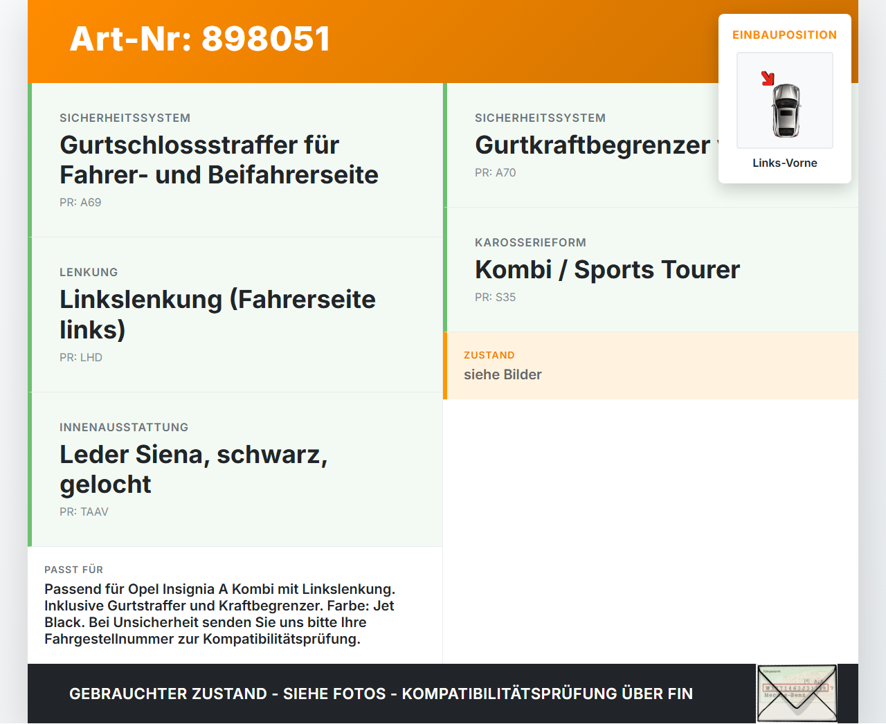 Opel Insignia A G09 08-13 Kombi Gurt Sicherheitsgurt m. Gurtstraffer Fahrer Links Vorne Opel Insignia A G09 08-13... Vorschau 3